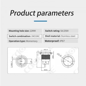 Momentary プッシュボタンライトスイッチ 22 ミリメートルフラットヘッドノーマルオープン ip67 5 ピンステンレス鋼