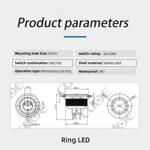中国 ip67 スイッチ防水 110 ボルトプッシュボタン瞬間リング LED 赤緑 35 ミリメートル