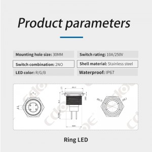 30 ミリメートルプッシュボタンロック金属防水 ip67 パワーリング LED スイッチ 2 なし