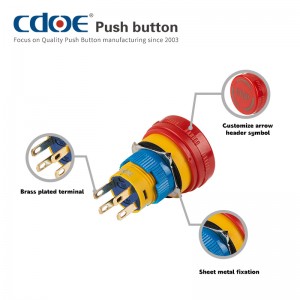 新しいスタイルの緊急停止 16 ミリメートルプラスチックシェルプッシュボタンスイッチ 5A 容量と白い矢印ロゴ