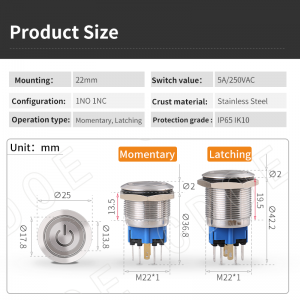 金属抗破壊行為プッシュボタン 22 ミリメートル 1no1nc リング LED 照明赤スイッチコントロールパネル用