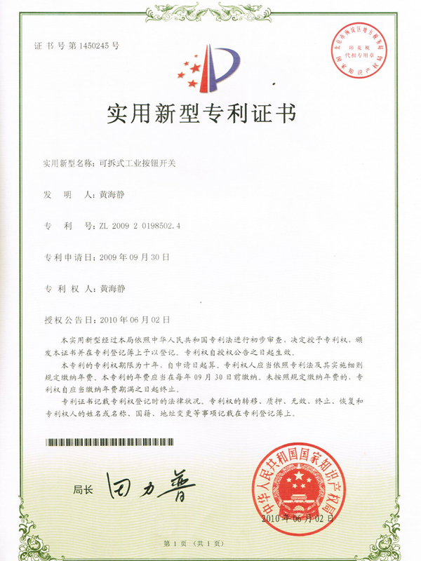 Detachable industrial push button switch patent certificate